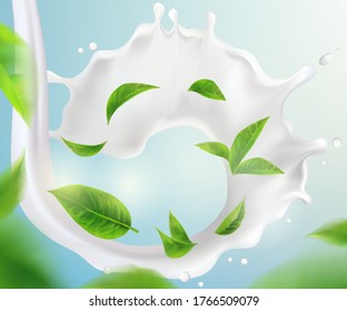 Realistic  Milk Spiral Jet with 3d leaves whirl in the air.Bright Background.Vector illustration