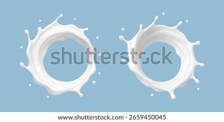 Realistic milk splash circles isolated on blue background. Vector illustration