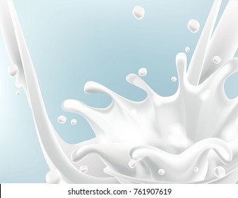 Realistic milk splash. Design isolated on blue background. Vector illustration