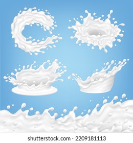 Realistic milk splash and flow. Light milky wave, cream, yogurt. White liquid splashed, 3d fresh dairy splatter. Swirl fluid form, milkshake pithy vector set