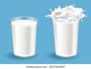Realistic milk splash in a glass vector illustration. Milk poured into glass on a blue background