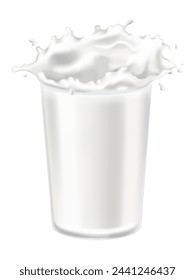 Realistic milk splash in a glass vector illustration. Milk poured into glass on a blue background