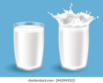 Realistic milk splash in a glass vector illustration. Milk poured into glass on a blue background