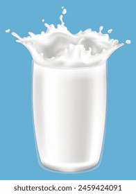 Realistic milk splash in a glass vector illustration. Milk poured into glass on a blue background