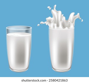 Realistic milk splash in a glass vector illustration. Milk poured into glass on a blue background