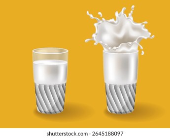 Salpicadura de leche realista en una Ilustración vectorial de vidrio. Leche vertida en vidrio sobre un fondo amarillo