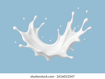 Realistic milk splash in mid-air on blue background. Vector dairy or cosmetic concept.
