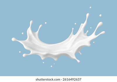 Realistic milk splash in mid-air on blue background. Vector dairy or cosmetic concept.