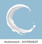Realistic milk splash on blue background. Vector dairy or cosmetic concept