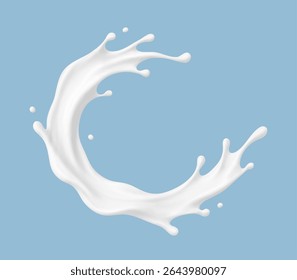 Realistic milk splash on blue background. Vector dairy or cosmetic concept