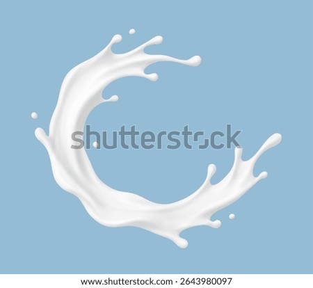 Realistic milk splash on blue background. Vector dairy or cosmetic concept