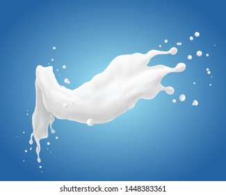 Realistic milk splash and pouring on blue background, 3d illustration