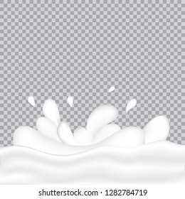 Realistic milk splash and pouring. Vector illustration of realistic natural dairy products. Liquid creamy white texture.