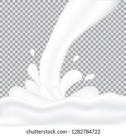 Realistic milk splash and pouring. Vector illustration of realistic natural dairy products. Liquid creamy white texture.