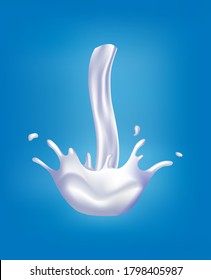 Realistic milk splash. Pouring white liquid or dairy products. Sample advertising realistic natural dairy products, yogurt or cream, isolated on blue background