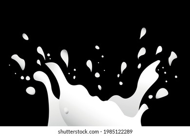 Ilustración de vectores de salpicaduras de leche realista aislada de fondo negro. elemento de diseño vectorial, plantilla de diseño, plantilla de publicidad de producto, fondo, fondo de escritorio. Para impresiones de sitios web o textiles.