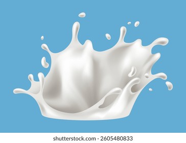 Realistic milk splash vector illustration. Milk poured into glass on blue background