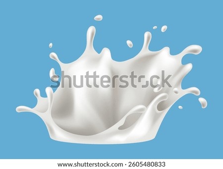 Realistic milk splash vector illustration. Milk poured into glass on blue background