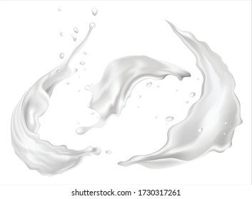 Realistic milk splash vector illustrations, isolated on white background