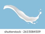 Realistic milk splash wave on blue background. Vector dairy or cosmetic concept