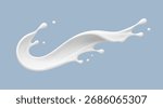 Realistic milk splash wave on blue background. Vector dairy concept