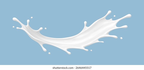 Onda de salpicadura de leche realista sobre fondo azul. Vector de productos lácteos o concepto cosmético