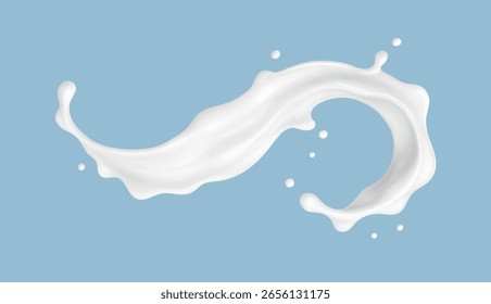 Realistic milk splash wave on blue background. Vector dairy concept