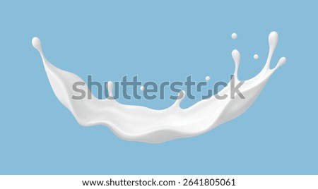 Realistic milk splash wave on blue background. Vector dairy or cosmetic concept