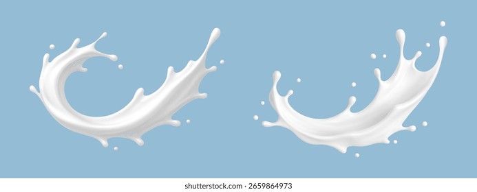 Realistic milk splash waves on blue background. Vector dairy concept