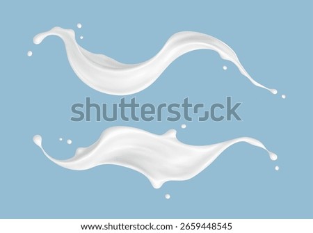 Realistic milk splash waves on blue background. Vector dairy concept