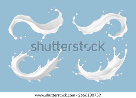 Realistic milk splash waves on blue background. Vector dairy concept