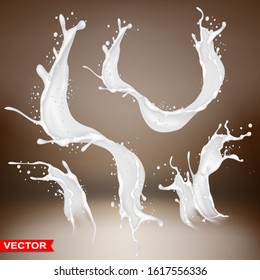 Realistic milk splashes, bursts and wave with drops and blots. Pouring liquid on brown background. Layered vector.