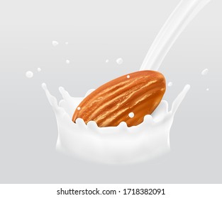 Leche realista salpicada y gotas con nueces de almendra. Ilustración vectorial en fondo gris. Listo para su diseño. EPS 10.	
