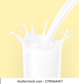 Realistic milk splashes and drops on colored background. Vector illustration. Can be use for your design. EPS10.
