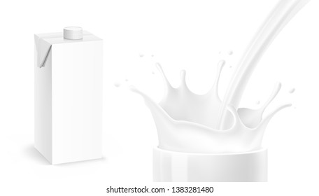 Salpicaduras y gotas de leche realistas con maqueta de paquete aislado sobre fondo blanco. Ilustración vectorial. Listo para usar para su diseño. EPS 10.