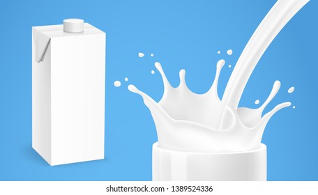 Realistic milk splashes and drops with pack mockup. Vector illustration. Ready to use for your design. EPS 10.	