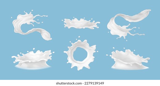 Realistic milk splashes with drops and splatters. Liquid swirls and drips in shape of crown. Liquid flow streams set. Milky or dairy fresh product. Vector realistic.