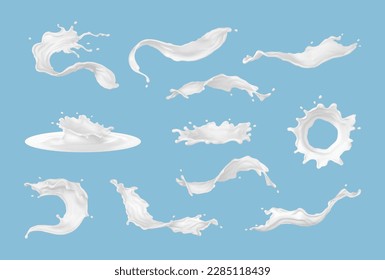 Realistic milk splashes with drops and splatters. Splashes of milk or white liquid isolated on blue background. Liquid flow streams set. Milky or dairy fresh product. Vector realistic.