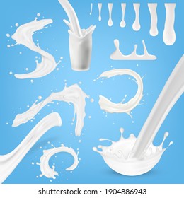 Realistic Milk Splashes, Drops And Swirls Set On Blue. EPS10 Vector