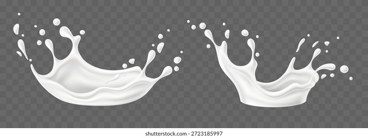 Salpicaduras de leche realistas. Crema líquida. Salpicaduras blancas sobre fondo transparente. Producto lácteo fresco. Salpicadura o flujo de ondas lechosas. Bebe el movimiento. Goteo de yogur 3D. Conjunto de Elementos de fluido aislado de Vector