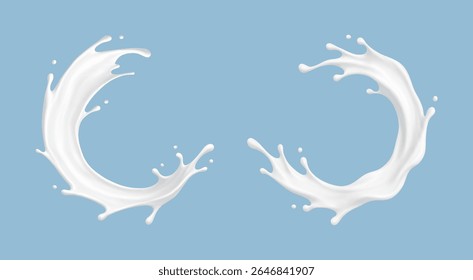 Salpicaduras de leche realista sobre fondo azul. Vector de productos lácteos o concepto cosmético