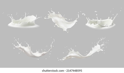 Realistic milk splashes or wave with drops and splatters. Liquid swirls and drips in shape of crown, liquid flow streams. Milky or dairy fresh product realistic 3d elements isolated set - Shutterstock ID 2147448595