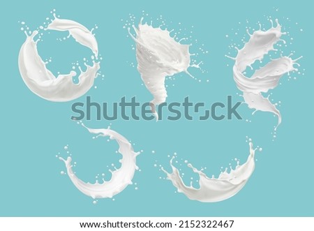 Realistic milk tornado, whirlwind and swirl splashes with splatters. Vector hurricane, wave or spiral with drops, liquid milky or creamy flow streams. Dairy fresh product 3d isolated elements set Foto stock © 