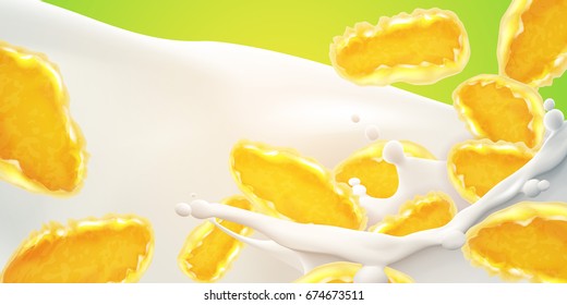 Realistic milk vector illustration with big splash and corn flakes. High quality art for advertising flyer, poster or label design.