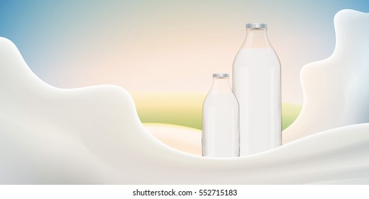 Realistic milk vector illustration with bottle on bright background