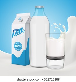 Realistic milk vector illustration with bottle on bright background