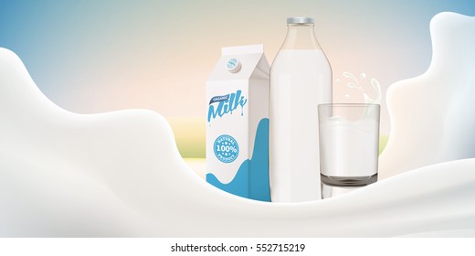 Realistic milk vector illustration with bottle on bright background