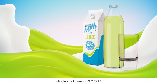 Realistic milk vector illustration with bottle on bright background