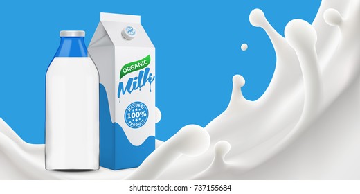 Realistic milk vector illustration with bottle filled with milk and packaging carton in milk or yogurt splash on bright blue background ready for your design.