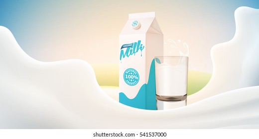 Realistic milk vector illustration with glass and packaging on bright background ready for your design.